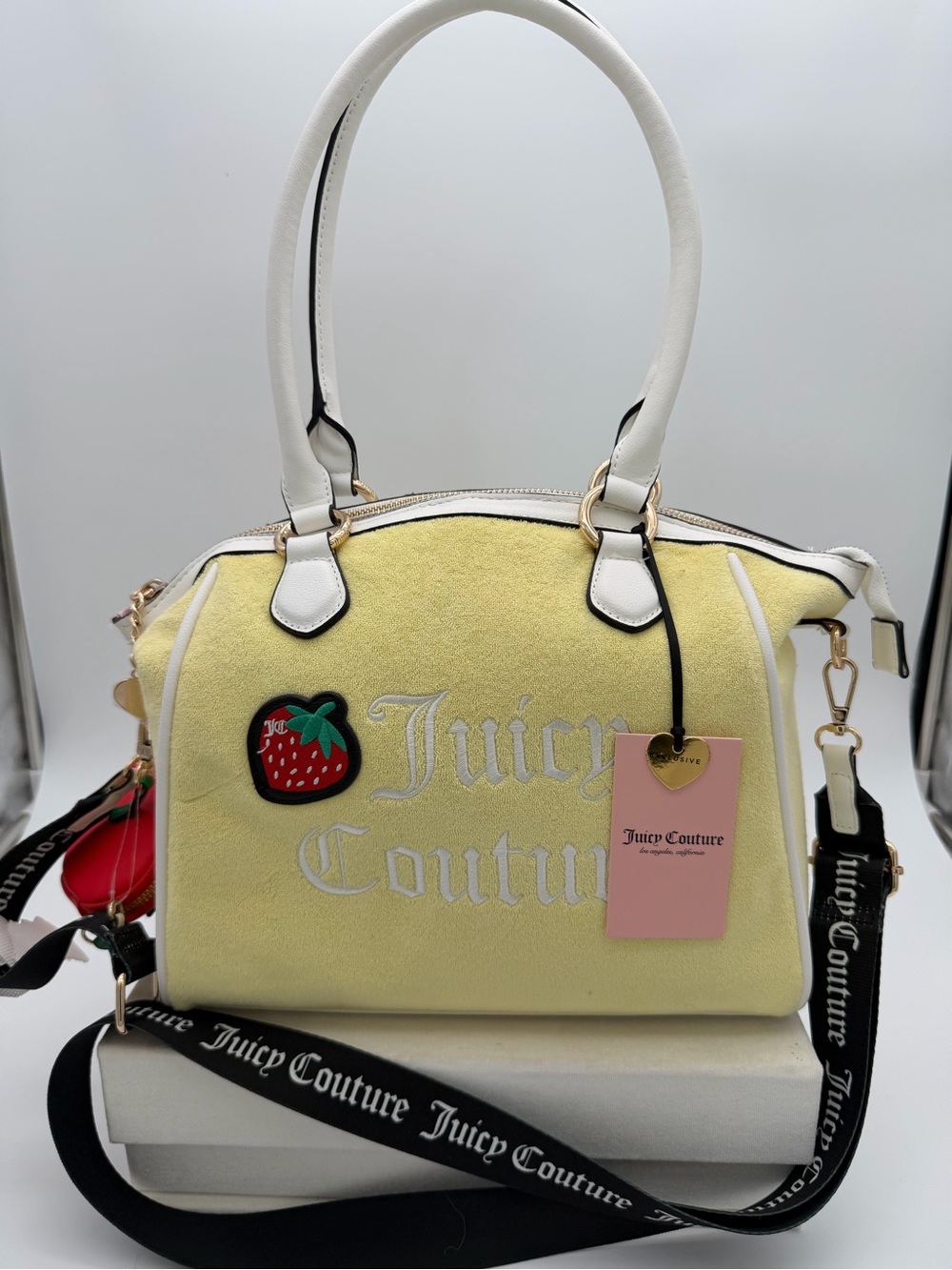 Juicy Couture Yellow Suede Dome Satchel with White Trim and Strawberry Patch